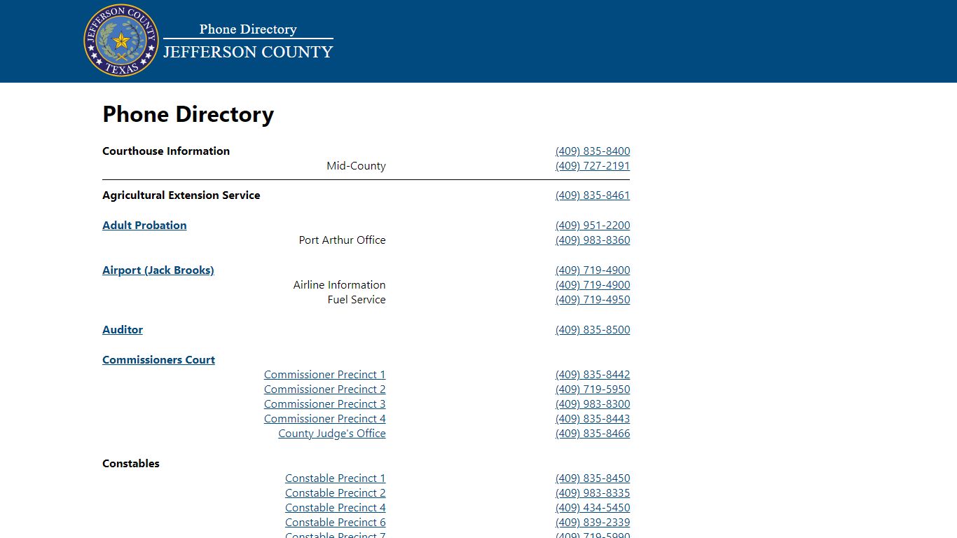 Phone and Department Website Directory - Jefferson County TX
